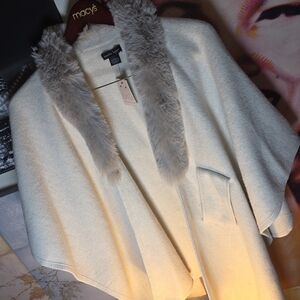 Nanette Lepore Cream Poncho with Faux Fur Trim